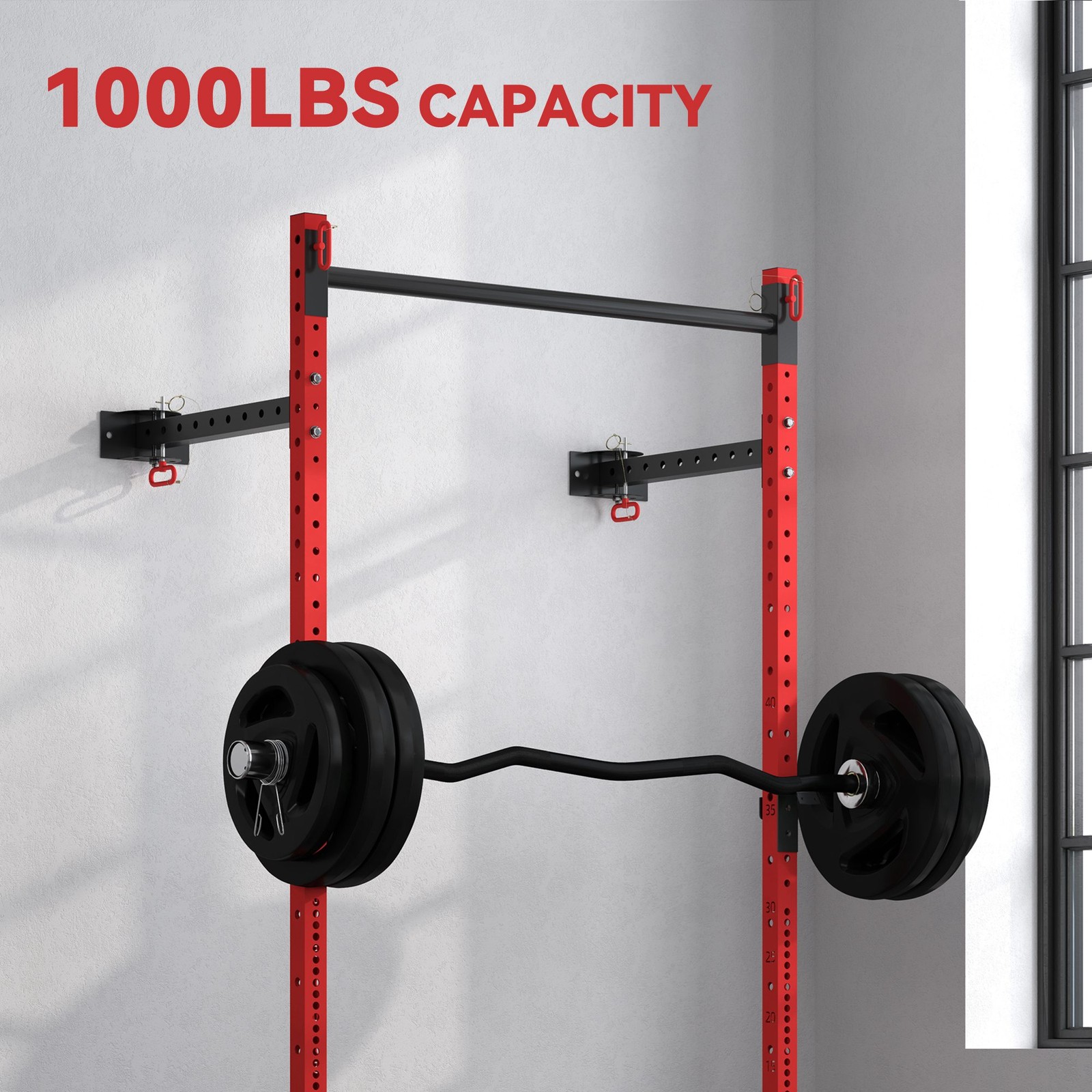 Soozier Folding Squat Rack with Pull Up Bar, 1000 Pounds Capacity, Red