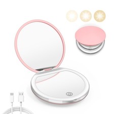Pink Compact Mirror with Light, 1X/3X Magnifi...