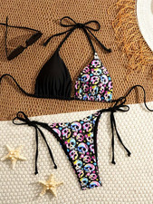 Colorful Skull Patchwork Black Design Print String Bikini - Triangle Bikini Set