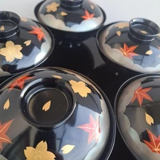 Echizen Lacquer Bowls Set of 5 Natural Wood with Maki-e Autumn Design Used