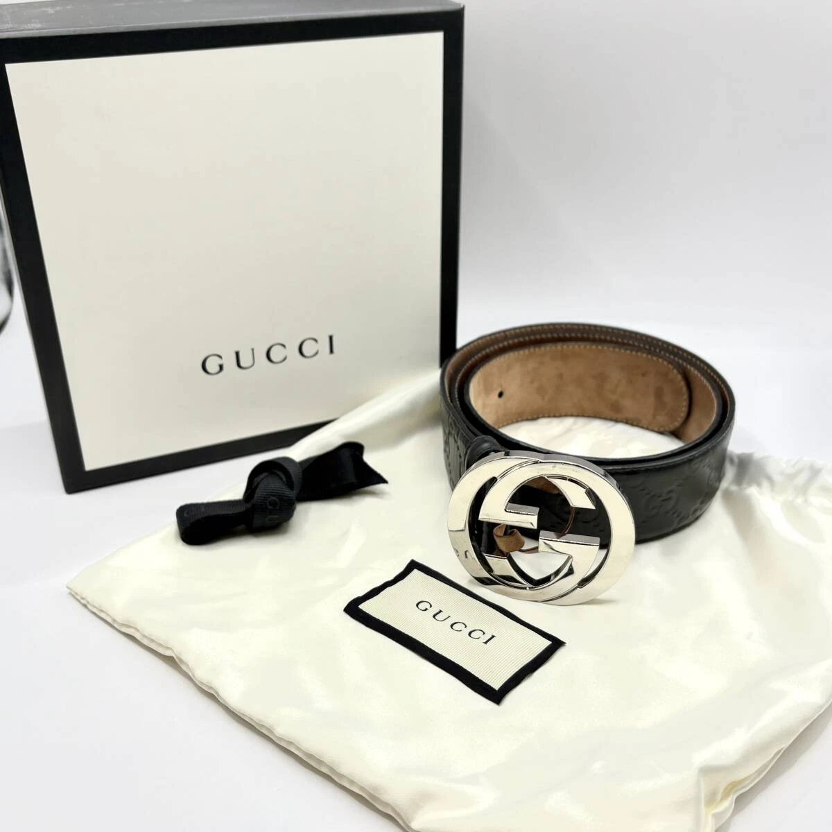 Ceinture Gucci Shima imbriquée G noire 34 pouces larg,8 cm marque occasion