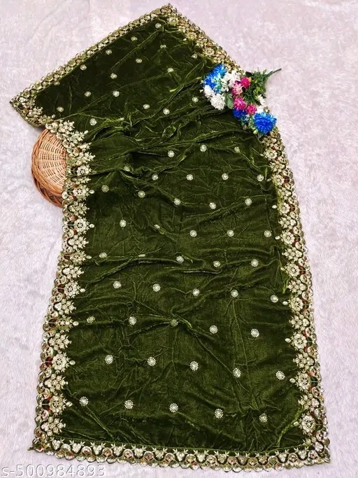 Green Heavy Embroidery Velvet Dupatta For Bride And Women 2.3 Mtr  - Image 2 of 3