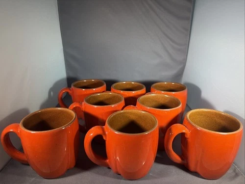 Mcm Frankoma Red Plainsman Mugs, Tulip Design, Vintage Set Of 8, Ada Clay