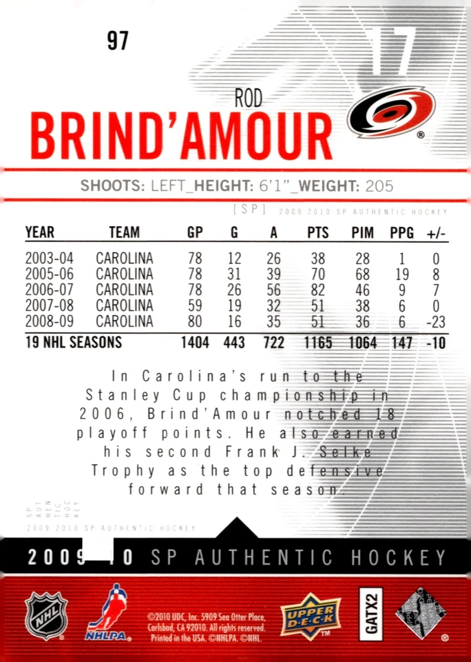 Rod Brind'Amour - Signed 2009-10 Upper Deck SP Authentic Card #97 - Hurricanes - Image 2 of 2