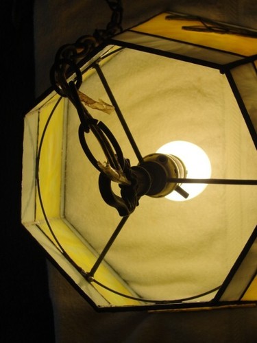 Vintage Slag Stained Glass Hanging Chandelier Light Fixture 6 Flowers 6 Sided - Picture 3 of 7