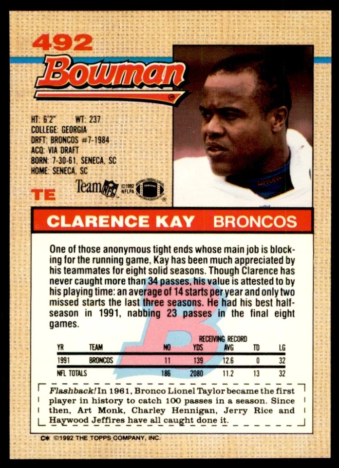 1992 BOWMAN CLARENCE KAY DENVER BRONCOS #492 - Image 2 of 2