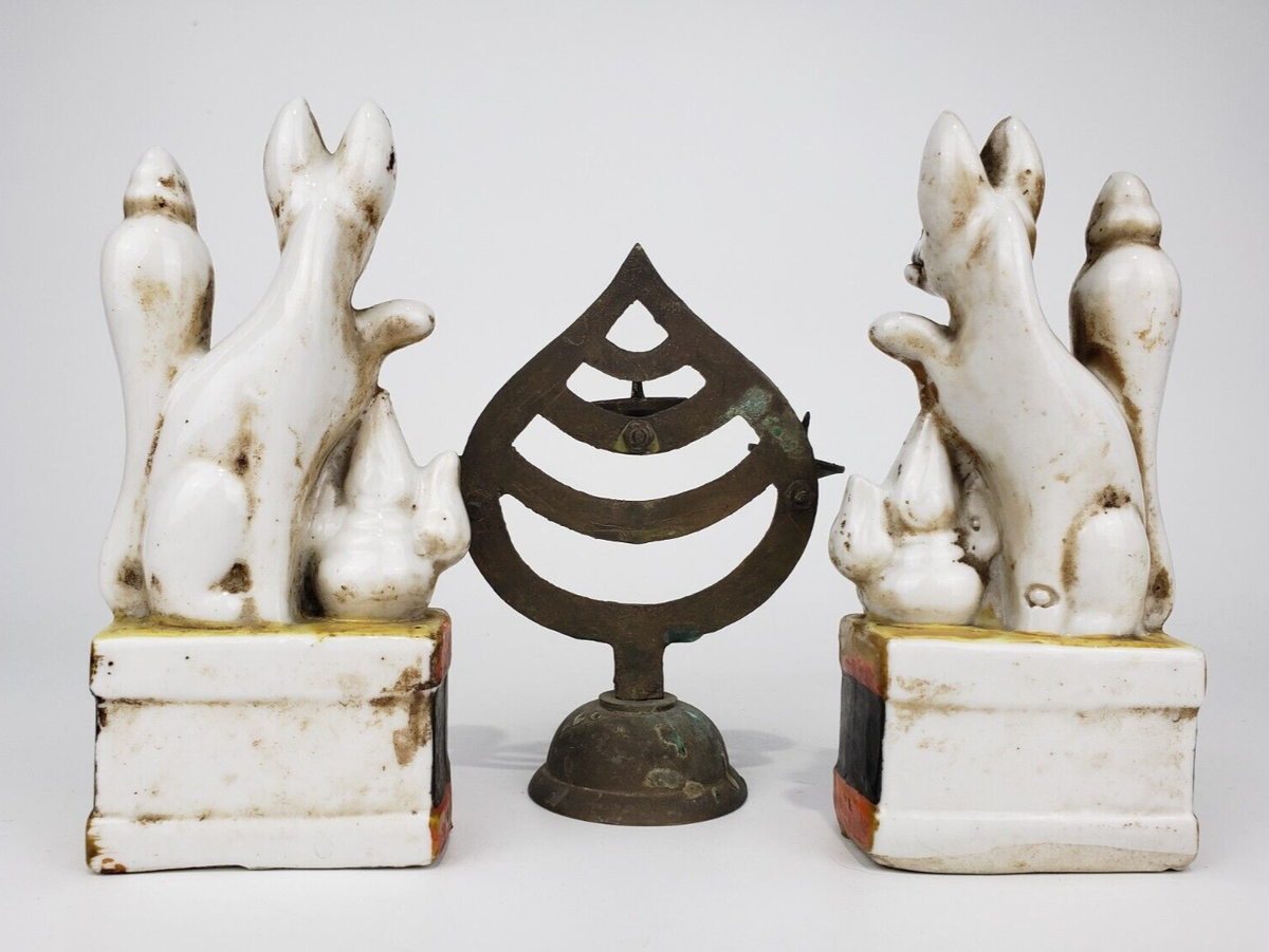 Fox Inari God Porcelain Statue 14cm Japanese Antique Pair Fox Inari God Porcelain Statue 14cm Japanese Antique Pair