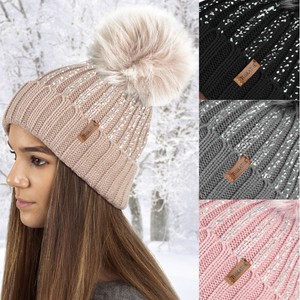 Ladies Winter Faux fur Pom Pom Silver 
