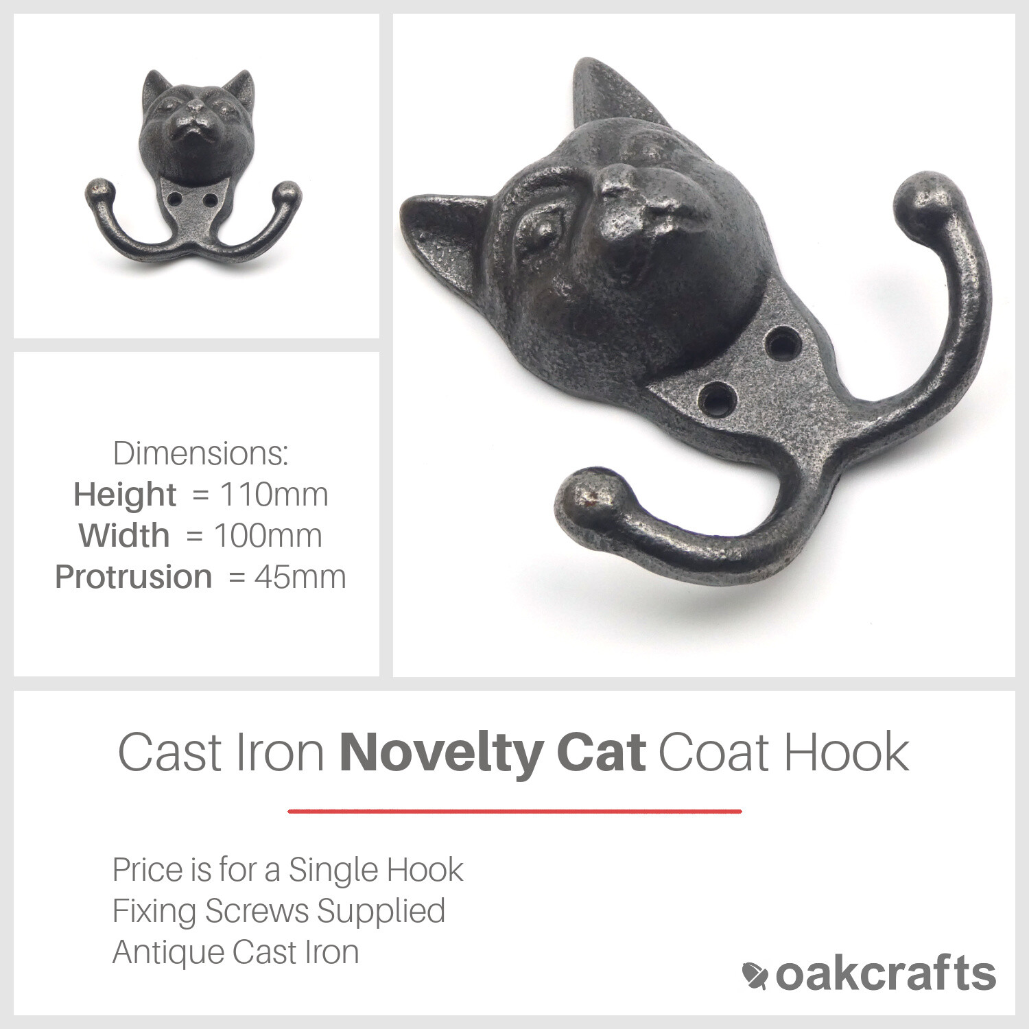 Oakcrafts - Cast Iron Novelty Cat Coat Hook - 110mm x 100mm