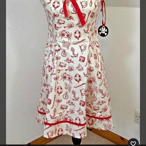 Hell Bunny Alizea maritimes Kleid V-Ausschnitt elfenbein/rot & rotes Band neu Etikett XS 6-8 💘