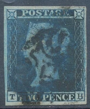 GB QV 2d blue plate 3 (TH) four margins VFU with MC expertized by BÜHLER