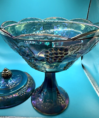 Vintage Blue Carnival Glass Candy Dish With Lid Harvest Grape