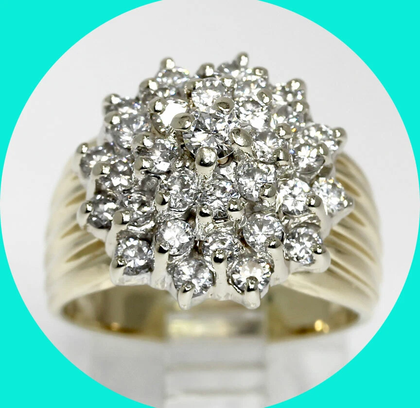 2.00CT diamond pyramid cluster ring 14K YG 9.9 GM sz 7.25