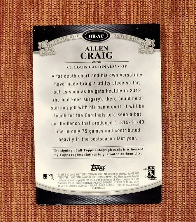 Tarjeta Topps Tier One On The Rise 2012 autógrafos #AC Allen Craig Cardinals AU/235 Foto 2 de 2