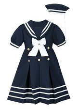 KIDS GIRLS PARTY WEDDING OUTFIT DRESS SET NAVY WHITE SAILOR NAUTICAL WITH HAT