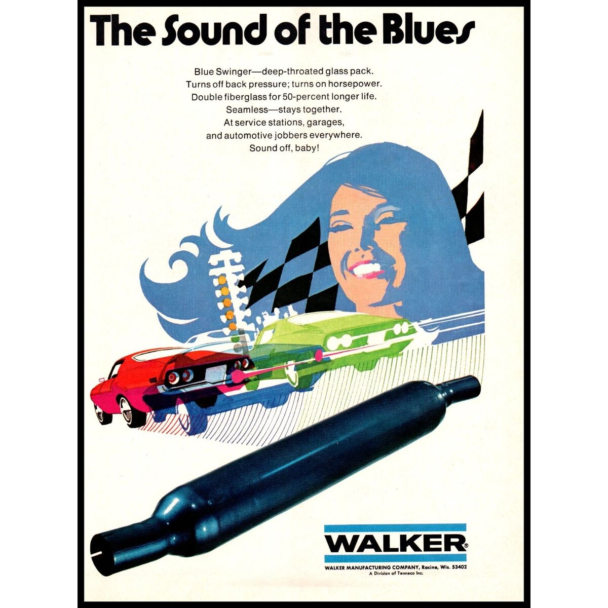 1970 Walker Blue Swinger Glass Pack Muffler Vintage Print Ad 1970 Walker Blue Swinger Glass Pack Muffler Vintage Print Ad