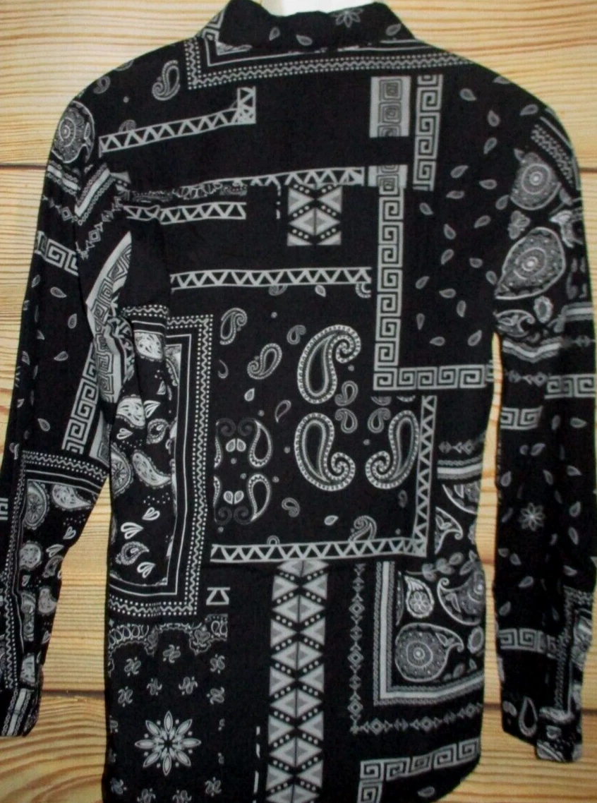 MENS ZARA BLACK PAISLEY BANDANA PRINT RELAXED FIT LONG SLEEVE SHIRT SIZE S
