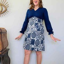 Vintage 60s Joseph Magnin Navy Tapestry Textured Mod Geometric Mini Dress Sz M