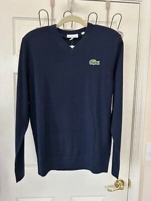LACOSTE MEN 'S NAVY BLUE V NECK MERINO WOOL SWEATER