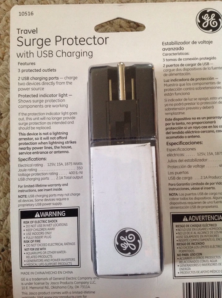 New GE 10516 3 Outlet Travel Surge Protector 350 Joules with USB ports - Image 3 of 3