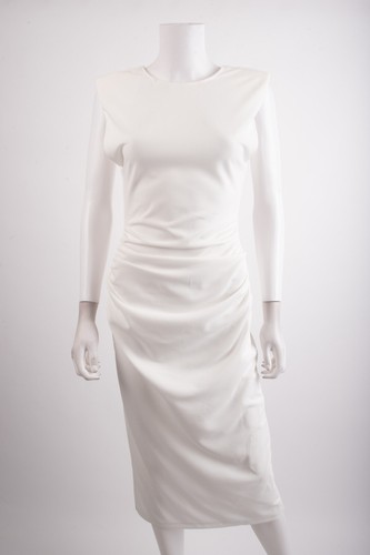 Zara Women midi ruched Dress Size M White V-Back shoulder pads 7901/455 NWT