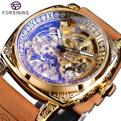 Forsining Automatik Uhr 42mm Gold Skeleton Lederarmband 30M Wasserschutz Auto...