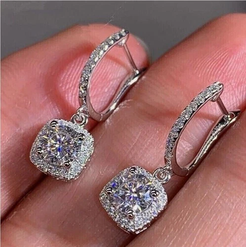 3.50Ct Halo Drop Earrings Round Cut Lab Created Diamond 14K White Gold Plated