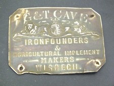 VINTAGE BRASS NAME PLATE G&T CAVE IRONFOUNDERS & IMPLEMENT MAKERS WISBECH