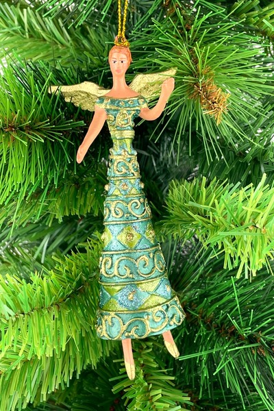 Baumschmuck Engel In Einem Langen Verzierten Kleid In GrüN TüRkis Gold 16Cm-image