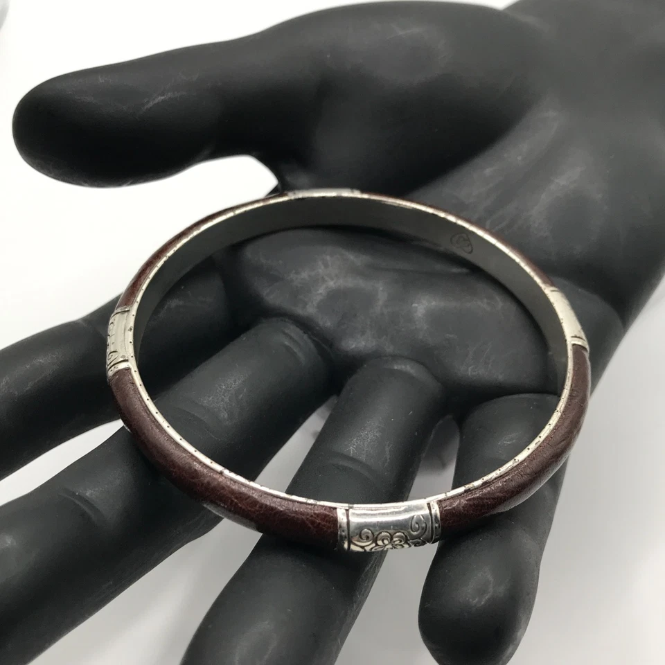 BRIGHTON Bangle Bracelet Brown Leather & Silver Plate Stackable Boho Cottagecore - Image 2 of 4