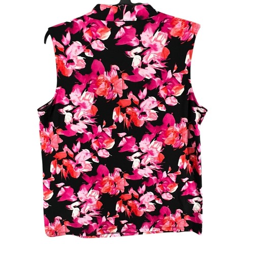 Karl Lagerfeld Blouse Womens L Pink Black Floral Sleeveless Tie Career Stretch - Picture 2 of 11