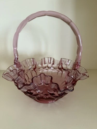 FENTON ART GLASS PINK COLONIAL THUMBPRINT HANDLED BASKET` ~ 9" x 7"