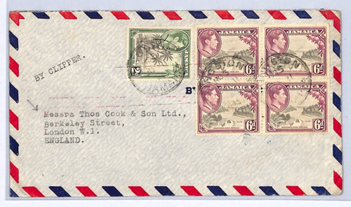 JAMAICA KGVI 6d Block Cover *CLIPPER* Air Mail Kingston THOS COOK London XW312 - Picture 2 of 14