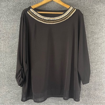 DRAPERS & DAMONS Womens Beaded Neck Top Size 2X Black Sheer Overlay Office NWOT