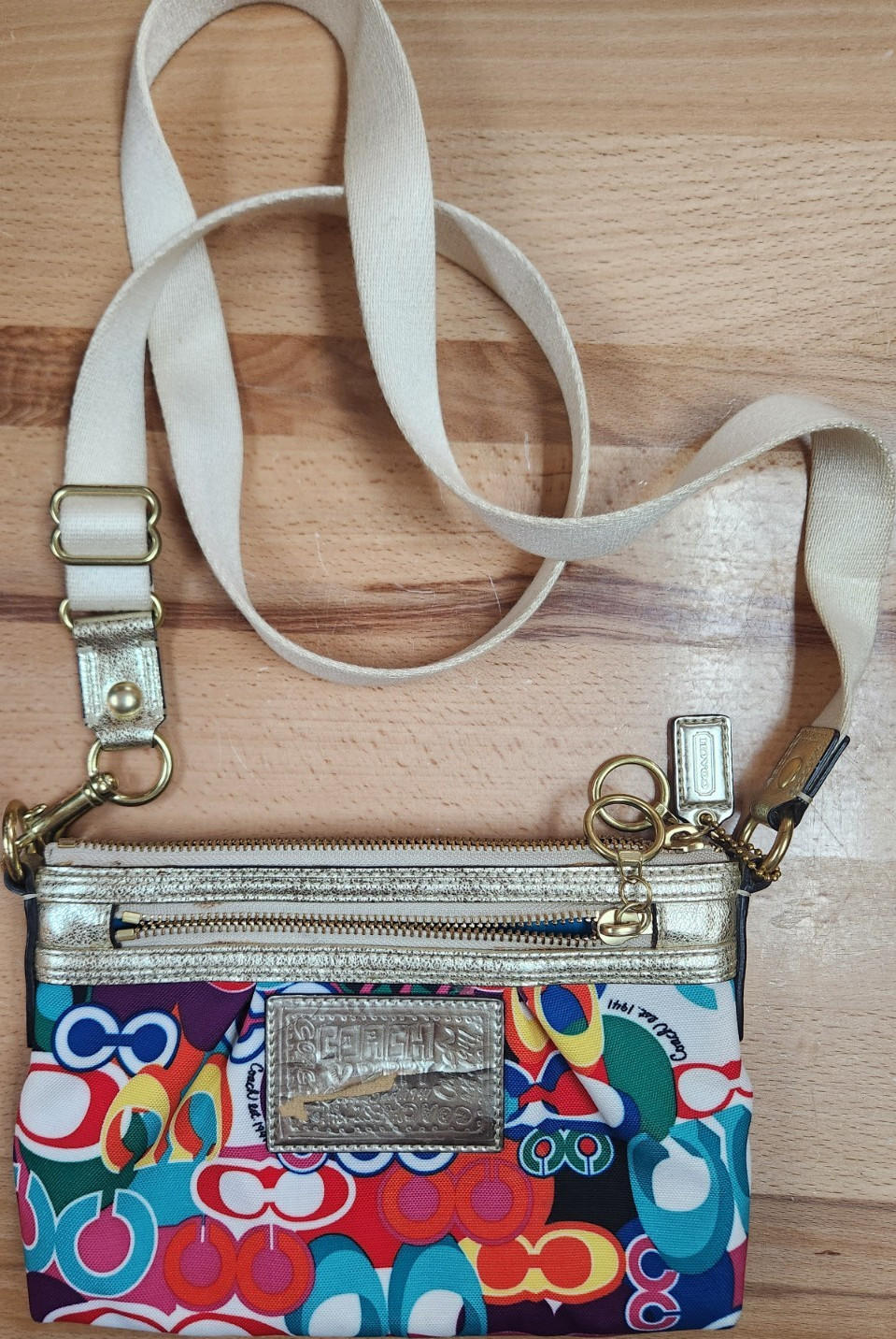 Coach Multicolor Logo Zip Crossbody Bag Beige Adjustable Strap Blue Lining