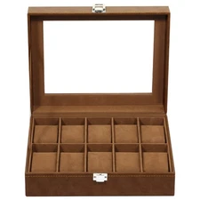 10 Slots Watch Box PU Leather Display Case Jewelry Organizer Box w/Glass Lid NEW