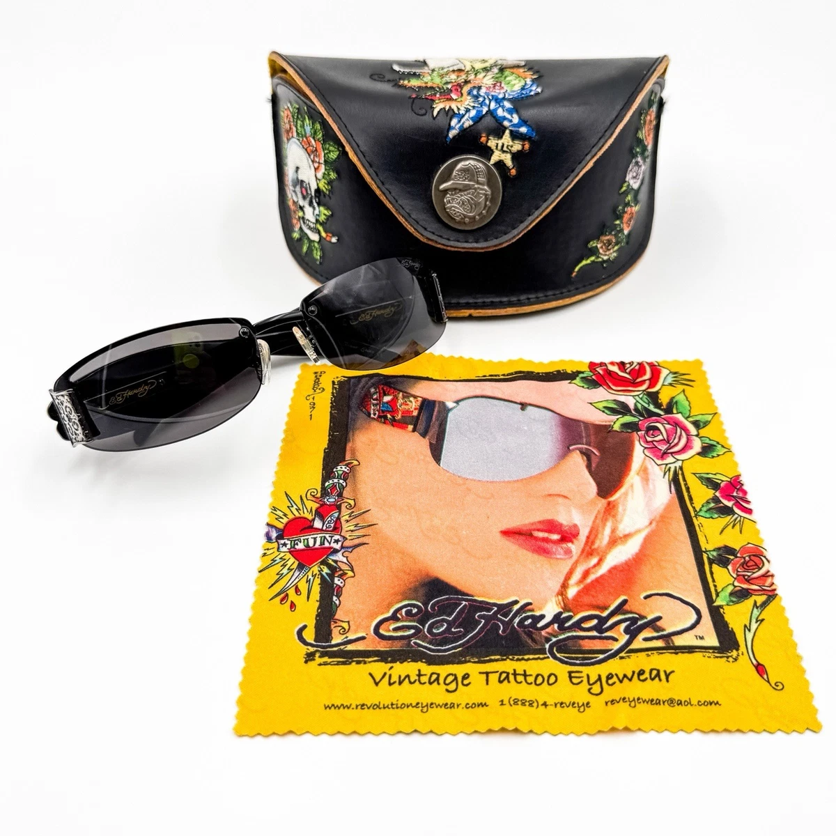 Vintage Y2K Ed Hardy EHS028 Black Shield Sunglasses w/ Embroidered Case & Cloth Ed Hardy Black Sunglasses for Women with Vintage for sale | eBay main image 3