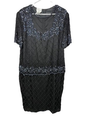 Stenay Woman Elegant Black Silk Beaded Evening Dress Mother Of Bride Size 18 Lux