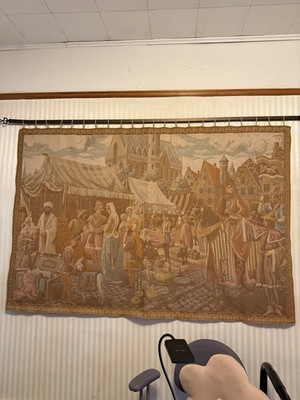 vintage fabulous belgium aubusson style pictorial Mid evil market wall tapestry