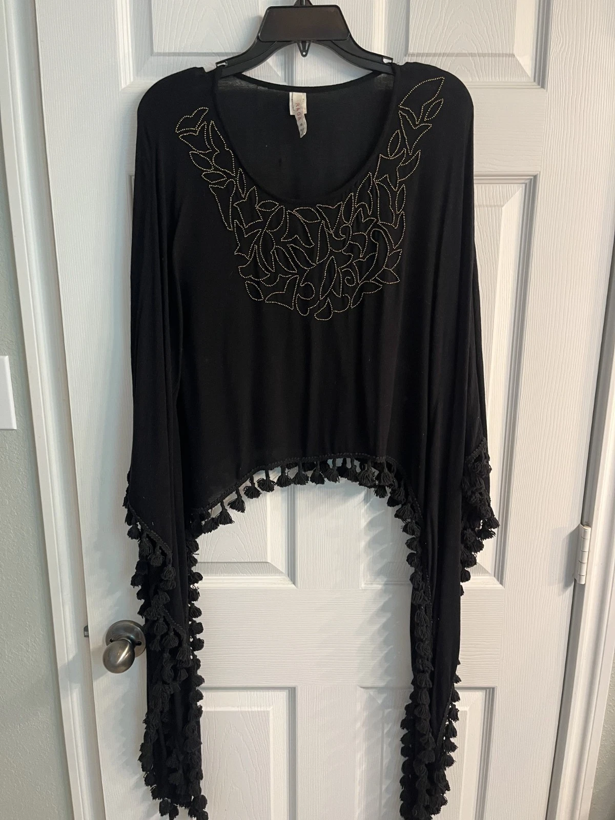 Anthropologie RAGA Dominica Tassel Beaded Poncho Top Black Women M US 10