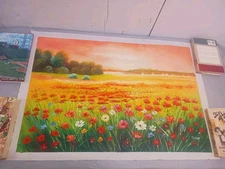 Oil painting Field Of Poppies Signed  Yu Hong 27 X 36
