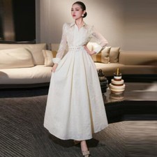 Women's Lapel Collar Long-sleeved Lace Beads Jacquard A-line Long Shirt Dress