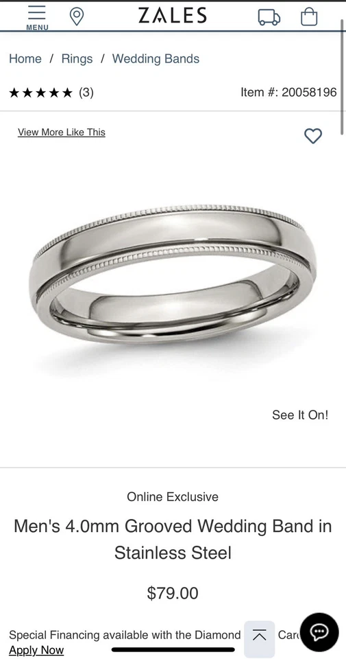 Alianza de boda acanalada de 4,0 mm para hombre Zales en acero inoxidable Foto 3 de 3