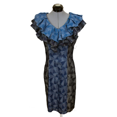 SASSY JONES NWT Medium Ginger Denim Pencil Dress Patchwork Midi  Ruffle Neck