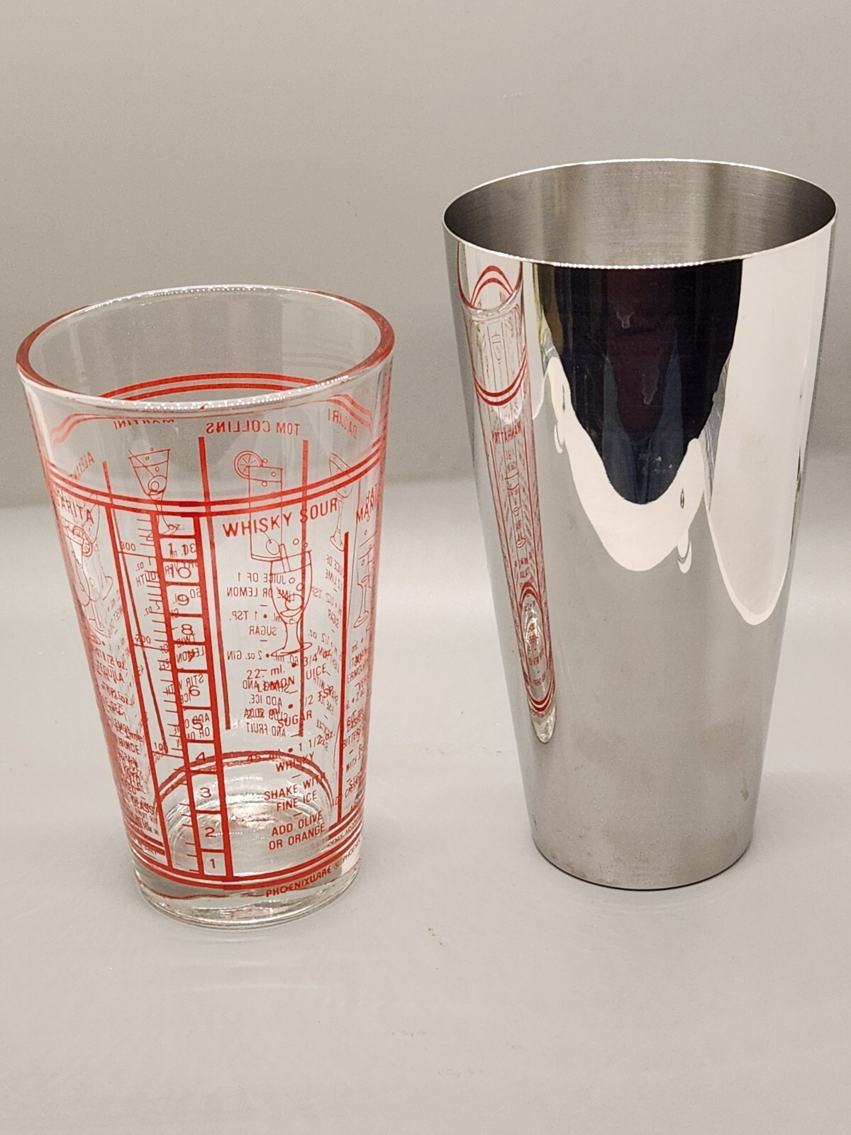 RARE Pheonixware Cocktail Measuring Pint Glass & Stainless Steel Shaker