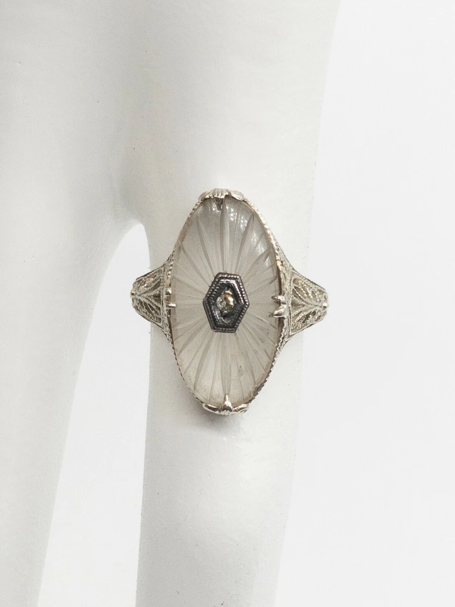 Antique 1900s Ostby Barton Camphor Glass Diamond 14k White Gold Filigree Ring