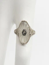 Antique Ostby & Barton Natural White Quartz Diamond 14k White Gold Filigree Ring