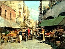 ITALIANO 1957 OLIO SU TELA DIPINTO ORIGINALE STRIT MARKET DI MARIO MARESCA ELENCATO