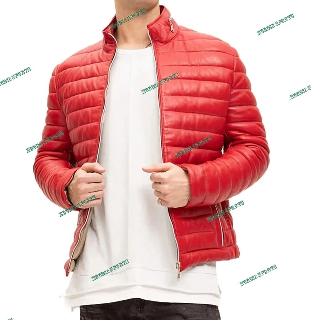 Mens Genuine Leather Lambskin Padded Quilted Real Leather Down Puffer Jacket Red