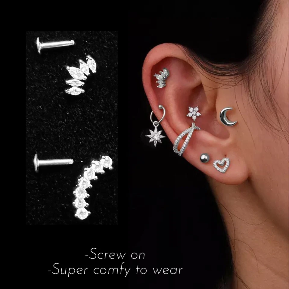 Labret Piercing Ear Ring Surgical Steel Stud Crystal Gem Flat Back Tragus Helix — 第 2/4 张图片